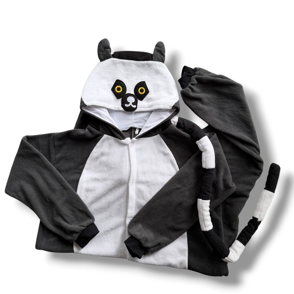 Sz. M Ring Tailed Lemur Kigurumi White Gray Plush Fleece Pajama Jumpsuit Costume